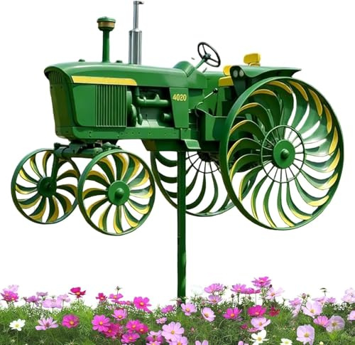 Vintage Tractor Wind Spinner - Outdoor Garden Stake Sculpture For Yard Decor, Retro Farmhouse Windmills Lawn Ornament With Rotating Wheels, Unique Patio Gift (Green Pack of 1)