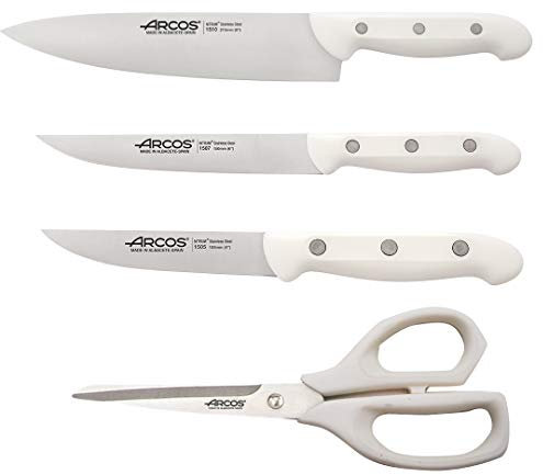 Arcos Juego Cuchillos Cocina cuchillo blanco cuchillos | cuchillos cocina Maitre | 4 piezas | Chef 215 mm, Cocina 150 mm, Verduras 100 mm Tijera cocina (Blanco)