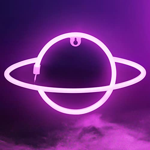 Hangrow Planet Neon Light, Acryl Neon Schild LED Schild für Wanddekoration, USB-Aufladung/Akku, Planet Nachtlampe Neon Bar Schild Leuchten Buchstaben Wandleuchten, LED Deko Neon Schilder (Rosa)