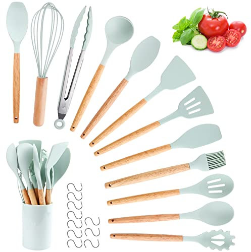 Utensilios Cocina de Silicona, hicoosee 22 Piezas Juego Utensilios de Cocina de Silicona con Mango de Madera para Utensilios, Sin BPA Resistentes al Calor y Antiadherentes con 10 S Ganchos, Verde