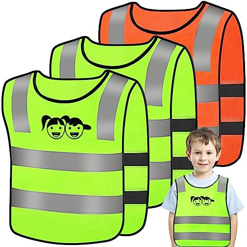 JEFFOUOO 3 Stück Warnweste Kinder,3-12 Jahre Kinder Sicherheitsweste,Warnwesten Auto Gelb für Jungs und Mädchen,360 Grad Reflektierende Sicherheitsweste für bessere Sichtbarkeit im Straßenverkehr