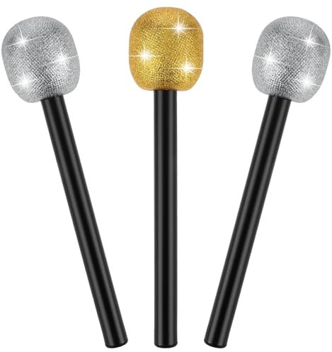 3 Pcs Fake Microphones Glittered Microphone Gold Silver Toy Microphone Pretend Rock Star Microphone Prop for Disco Costume Birthday Party Favors