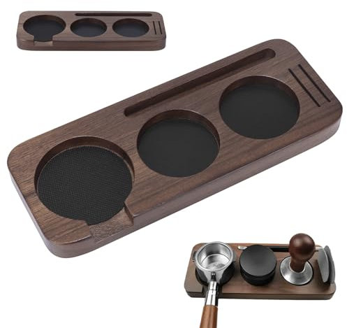 Konesky Espresso Tamping Station, estación de prensado, de madera, 51-58 mm, soporte para cafetera, distribuidor, portafiltros, cepillo de café y colador