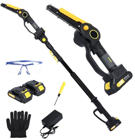 HshDUti Mini motosega senza fili, motosega elettrica da 15,2 cm, con 2 batterie da 2,0 Ah, 21 V, piccola motosega a batteria, con asta telescopica rimovibile per rami alti degli alberi, 2024