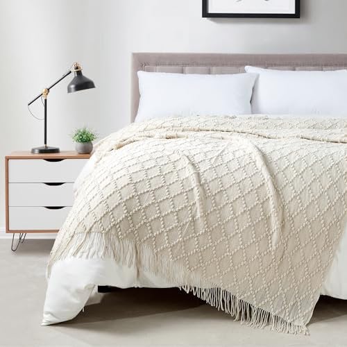 BOURINA Throw Blanket Textured Solid Soft Throws and Blankets for Sofa or Bed Knitted Decorative Blanket 127x178cm Beige