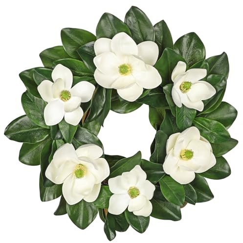 Oairse 24 inch Artificial Wreath for Front Door White Magnolia Wreath Greenery for Spring Summer Decor Home Wedding Farmhouse Mantel Door Year Round Decoration
