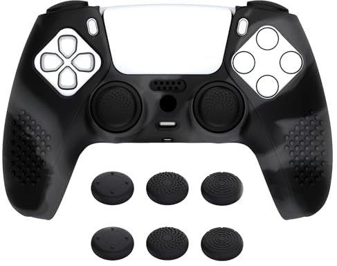 eXtremeRate PlayVital Funda de Silicona para ps5 Mando - Cubierta Protectora con 6 Tapas de Joysticks, Impermeable, Resistente y Antideslizante, Funda de Goma Suave, 3D Tachonado (Oscuro Gris Negro)