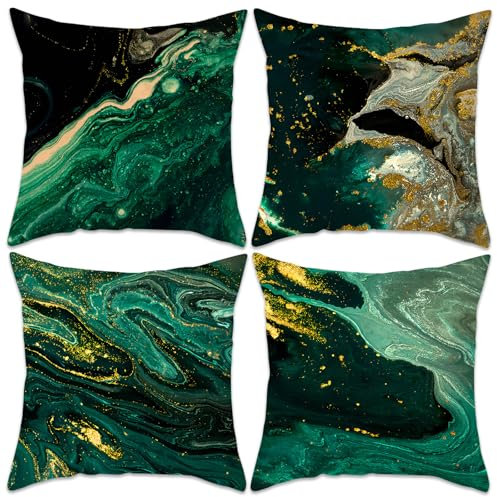 Betadistor 505-0088 Kissenbezüge, abstraktes Grün und Gold, flüssiges Design, weicher Samt, dekorativ, quadratisch, für Sofa, Wohnzimmer, Schlafzimmer, 4 Stück, 45 x 45 cm, Tiefgrün