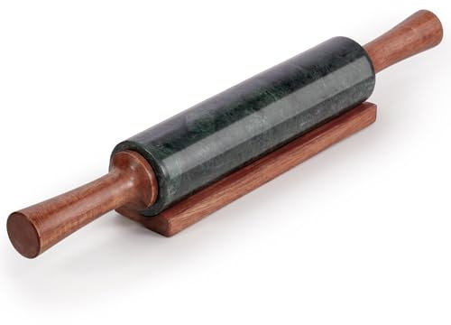 EHC Marble Rolling Pin for Baking with Acacia Wood Stand, Non-Stick Surface for Pizza Dough, Naan Bread and Pastry, Durable Kitchen Accessory, Perfect for Bakers & Chefs Tool - Green