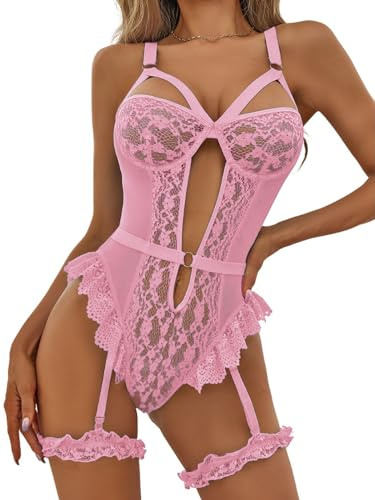 NLAND Completo Intimo Donna Lingerie in Pizzo Push Up Reggiseno Ritaglio Intima Body a Rete con Reggicalze(Rosa,Taglia Unica)