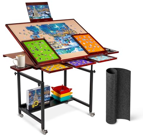 Becko US 1500-teiliges Puzzletisch mit 5 Schubladen und Abdeckung, kippbares Puzzlebrett auf Rollen mit 3 Neigungswinkeln und Höhenverstellung, mit Getränkehalter und Puzzleboxhalter, für 1500-teilige