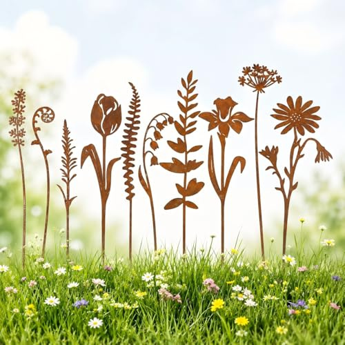 Kizozo Rost Gartenstecker 10 Stück, Gartenstecker Gartendeko für Draußen Blumenstecker Dekoration für Garten Hof Terrasse Balkon Blumentopf Dekoration Rost Deko Gartendeko