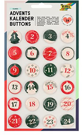 folia 1209 - Adventskalender Buttons, Zahlen zum Anstecken an Jutesäckchen oder Geschenktüten von 1 bis 24 mit Anstecknadel, zum Nummerieren von Geschenken und Beutelchen