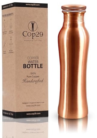 Cop29 Botella de Agua Hecha a Mano de Cobre Puro con Acabado Mate de Hadas: un Recipiente de Cobre ayurvédico, Embalaje de Regalo: 950 ml / 32 oz