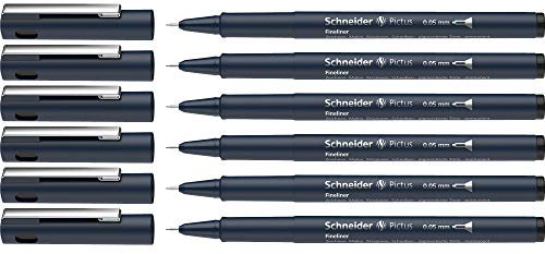 Schneider Pictus Fineliner (Strichstärke 0,05 mm, dokumentenechte Pigmentliner, metallgefasste Spitze, Gehäuse aus 85% recyceltem Kunststoff) 6er Pack, schwarz