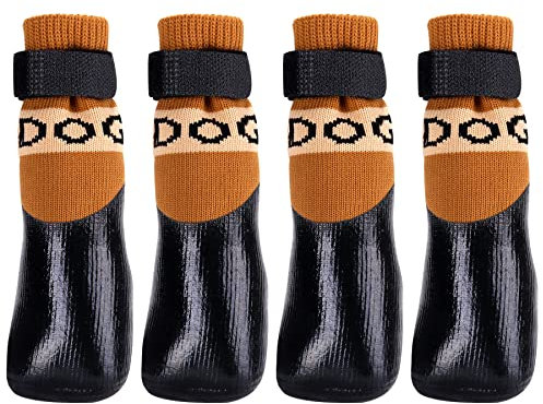 Pfotenschutz Avaner Hundeschuhe 4pcs Outdoor Sportschuhe Hundesocken wasserdichte Hundestiefel mit Anti-Rutsch Sohle Regenschutz Hundeschuhe Braun für KLEINE MITTELGROSSE Hunde Katzen (Größe XL)