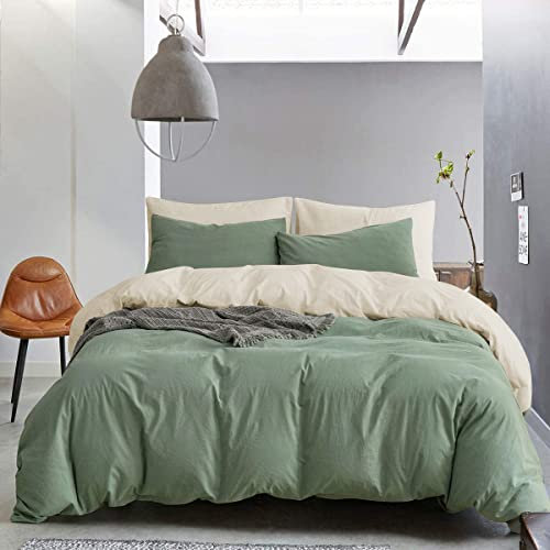 Lanqinglv Bettwäsche Set 220x240cm Grün Aprikose Wendebettwäsche Doppelbett Mikrofaser Uni Deckenbezug Bettbezug und Kissenbezüge 80x80cm mit Reißverschluss