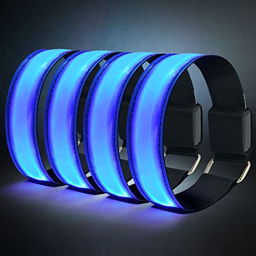flintronic 4PCS No Recargable Brazalete LED, Estilo Básico Brazalete LED Running con Banda Reflectante Running, para Correr de Noche, Trotar, Ciclismo-Estilo de Batería/Azul