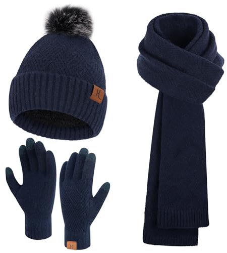 Bequemer Laden Damen Winter Warm Mütze Touchscreen Handschuhe und Lang Schal Set mit Dick Fleece Gefütterte, Thermo Wintermütze Strickmütze Beanie Schals Winterhandschuhe Strickhandschuhe, Navy Blau