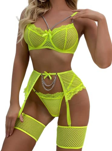 Aranmei Sexy Femme Ensemble Lingerie Jarretière avec Porte Jarretelles Dentelle Soutien-Gorge et Culotte Ensemble,Vert Fluorescent,XL