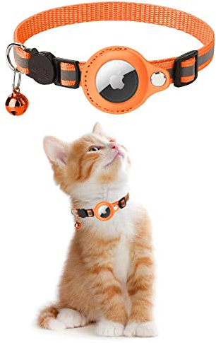 KOLACEN Reflektierendes AirTag Katzenhalsband, Airtag mit Airtag Hülle und Glocke, Einstellbares Airtag Katzenhalsband mit abbrechbarer Sicherheitsschnalle für Welpen Katzen Kätzchen (Orange)