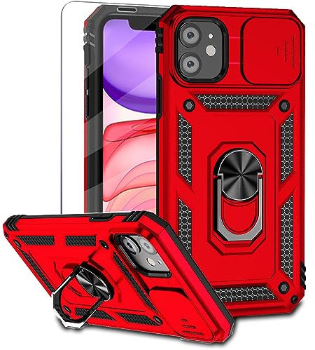 Teayoha Case for iPhone 11, with Screen Protectors and Camera Cover, Military Grade Shockproof Cover with Magnetic Rotatable Ring Kickstand Protective Case for iPhone 11 6.1-Inch,Red