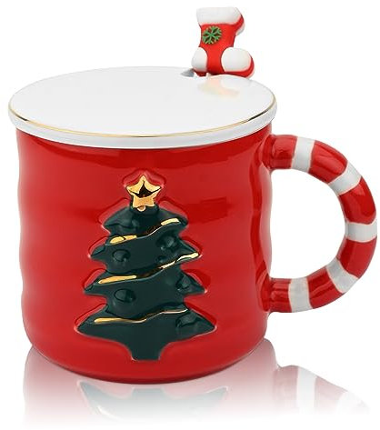 Weihnachten Kaffeebecher Tee Milch Tasse mit Löffel Deckel und Griff Keramik Tee Tassen Weihnachten Tassen Mikrowelle sicher Sublimation Keramik für Frauen Männer Kind perfekt für Geburtstag (Rot)