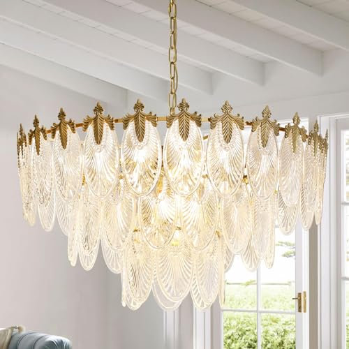 Depuley Modern Kristall Pendelleuchte, 80cm Kronleuchter Gold, Rund Kristall Hängeleuchte mit 3 Schichten aus Kristallklingen, 12xE14 Lichter für Wohnzimmer, Esszimmer, Schlafzimmer, Restaurant
