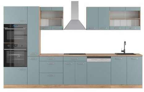 Vicco Küchenzeile R-Line, Blau-Grau/Goldkraft Eiche, 350 cm mit Hochschrank, ohne Arbeitsplatte