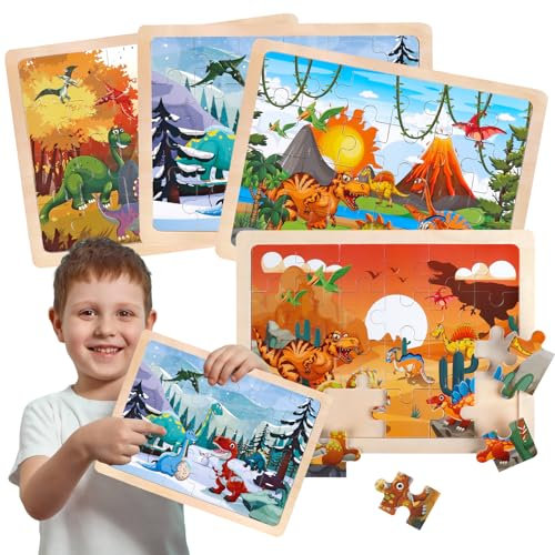 Dinosaurier Puzzle ab 3 4 5 6 Jahre, Kinderpuzzle Spielzeug für Jungen und Mädchen, 4 Holz Puzzles *24 Stück Dino Holzpuzzle, Montessori Vorschule Lehrreiches Spielzeug, Bodenpuzzle Geschenke