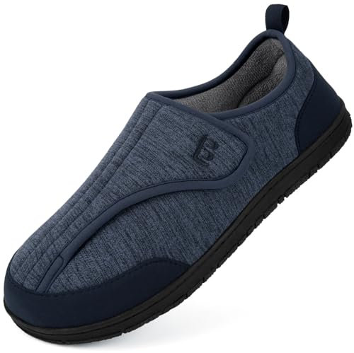 LongBay Men's Wide Fit Slippers Memory Foam House Shoes with Adjustable Hook-and-Loop Non Slip Indoor Outdoor Swollen Feet Slippers Navy blue 9