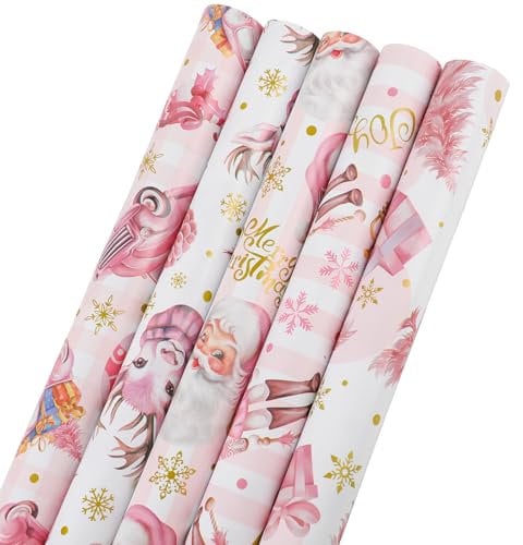 DIYASY Pink Christmas Wrapping Paper, 5 Styles Vintage Christmas Paper Xmas Present Wrapping Paper (17 Inches × 9.8 Feet - Single Pattern)