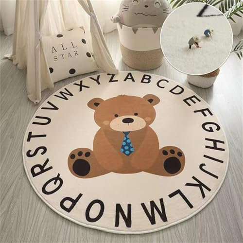Herfair Kinderteppich Teppich Rund, Cartoon Tier Kinderteppich Kurzflor rutschfest Weiche Waschbare Teppich Kinderzimmerteppich Babymatte für Schlafzimmer Kinderzimmer Deko (Bär,120cm)