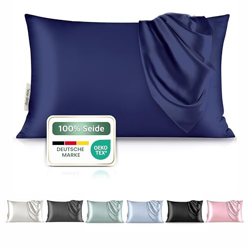 bene-sleep® Premium Seidenkissenbezug – 100 % Maulbeerseide 22 Momme | OEKO-TEX zertifiziert* | Anti-Frizz & Faltenreduzierung | Kühlend, hypoallergen, hautfreundlich & luxuriös (Dunkelblau, 40x80 cm)