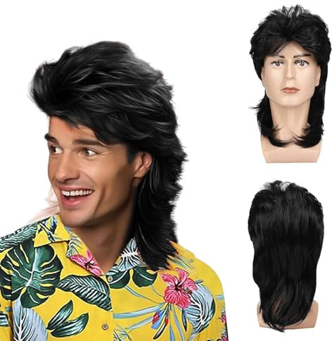 UILYNIU Hombre Negro Mullet Peluca Larga Para Hombre Peluca Disfraces Pelucas de Halloween Cosplay 70s 80s Estilo Mullet de Estrella de Rock Carnaval Fiesta Temática (Negro)