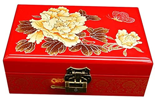 NZPOST Boîte à Bijoux laquée Peinte à la Main en Forme de Fleur de Pivoine de Pingyao, Meuble Oriental Chinois et Dragon et phénix (Rouge 3)