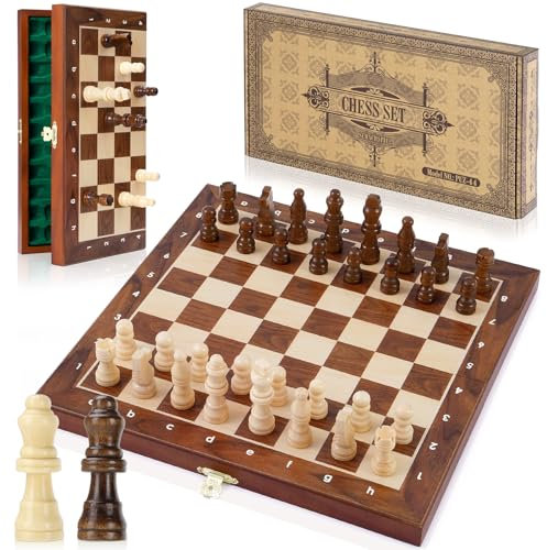 Peradix Magnetisch Schachspiel/2 Extra Damen,Schachbrett Holz Hochwertig,Schach für Kinder Jahre,Klappbare Schachspiel Holz für Anfänger Reisen 30cm