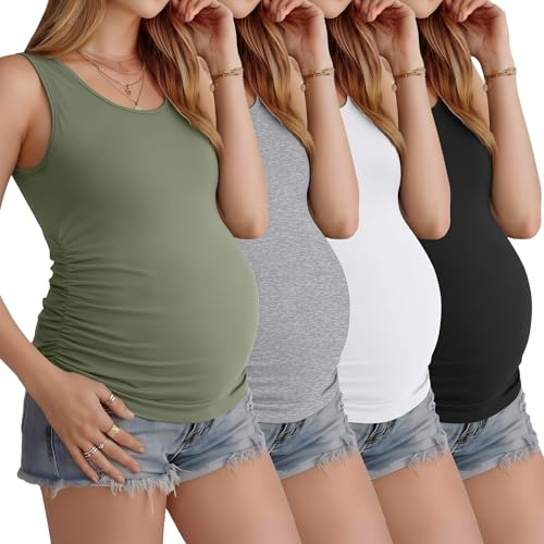 Ficerd 4 Pcs Womens Maternity Sleeveless Tank Tops | Pregnancy T-Shirts, Crew Neck, Side Ruched, Slim Fit, Cotton Blend, Casual, Basic, Layer, Postpartum, Breastfeeding, Work