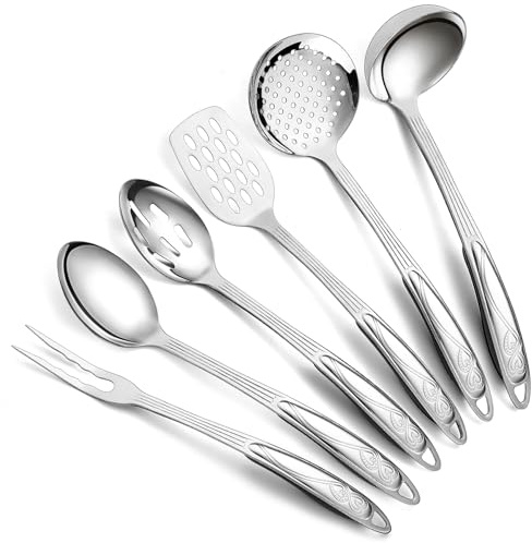 Berglander Juego de utensilios de cocina de acero inoxidable 6 piezas, Juego de utensilios de cocina para cocinar, espumadera, cucharón, cuchara para servir, cuchara ranurada, tenedor para trinchar