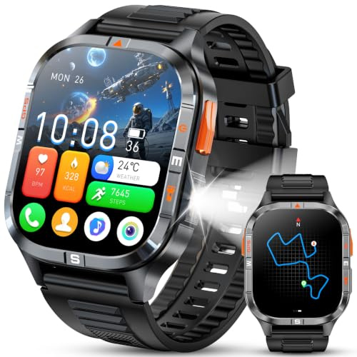 Smartwatch herren Militärische 2,01 HD, mit GPS/Bluetooth-Anruf/Kompass | Kompass/Taschenlampe/Sprachassistent/Herzfrequenz/Schlafprüfung für Android und iOS-Smartwatches, mit 100+ Bewegungsmodus