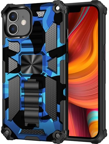 Knoowcase for iPhone 12 Case Camouflage Military Grade Protection TPU Bumper for iPhone 12 Phone Case with Kickstand & Magnetic Car Mount Heavy Duty Shockproof Hard PC Back Cover,Blue