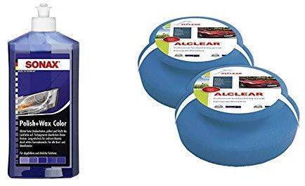 SONAX Polish & Wax Color NanoPro blau (500 ml) Politur mit Farbpigmenten und Wachsanteilen auf Nanotechnologie-Basis & ALCLEAR 5713050M Auto Profi Handpolierschwamm, 2 Stück, 130x50 mm