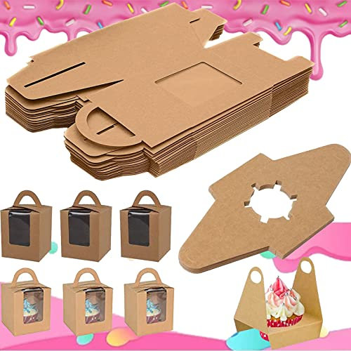 tris Cupcake-Boxen, tragbar, einzelne Cupcake-Boxen mit Fenster, mit Einsatz und Griffen und Sichtfenster aus PVC, für Hochzeit, Geburtstagsfeier, Braun, 25 Stück