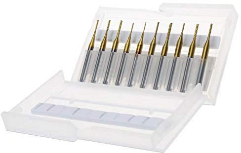 EMSea 10Pcs Milling Cutter Bit Kit 0.6-1.5mm Cutting Diameter 3.175mm Shank Titanium Coat Carbide CNC Router Burrs End Mill Engraving Bit with Box