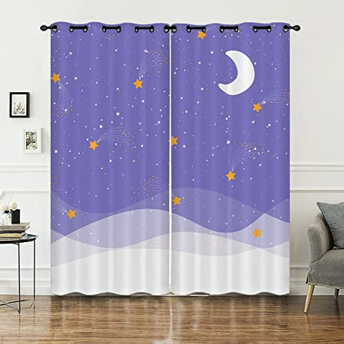 HOSIMA Mond und Stern vorhänge Blickdicht mit ösen Verdunkelungsvorhänge,2-Set 140x245cm Violett Meteor Glitzerstern Muster Aquarell für Schlafzimmer(Mond und Stern3 140x245cm)