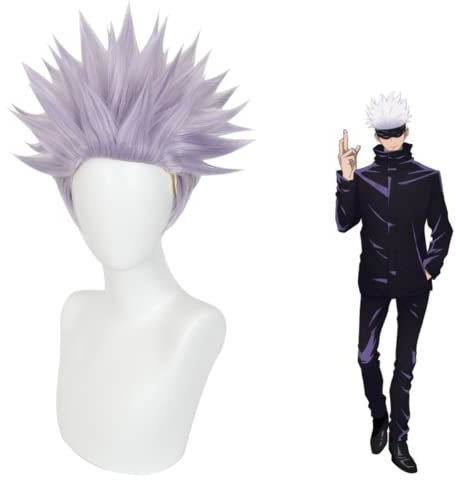 MIGUOO Anime Jujutsu Kaisen Cosplay Perücke, Gojo Satoru Perücke, lila Kurze Haare Rollenspiel Perücken mit Perücke Cap, für Halloween Kostüm Party