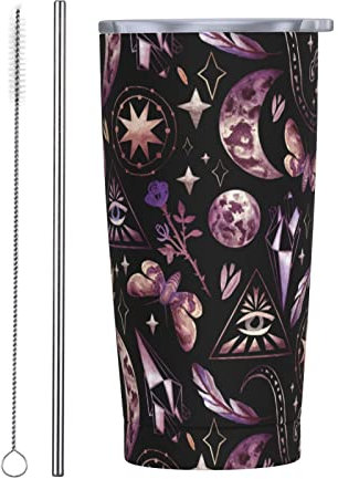 FJAUOQ Gobelet isotherme Tarot Moon Butterfly Magic Goth 20 OZ avec couvercles et paille Tasse sous vide en acier inoxydable Café Eau étanche Tasse de voyage pour la maison, le bureau, l'école