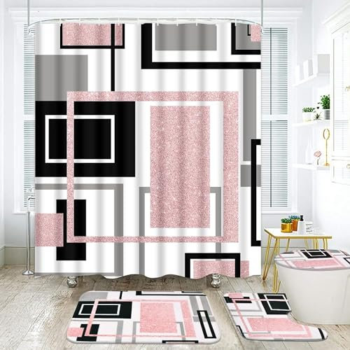 GUDAGUU 4 Pcs Geometric Shower Curtain with Anti-Slip Rugs Bathroom Sets, Toilet Lid Cover and Bath Mat, Abstract Art Waterproof Shower Curtains Accessory with 12 Hooks, Modern Bathroom Decor (Pink)