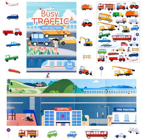 ASTARON Fahrzeug-Stickerbuch für Kleinkinder, Wiederverwendbare niedliche wasserdichte Fahrzeugaufkleber, Flugzeugaktivitäten Reisespielzeug für Kinder, pädagogisches sensorisches Lernspielzeug