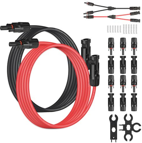 DERUXI Solar Panel Extension Cable 4mm² 16.4FT,1 Pair Y Branch Parallel Connector MMF and FFM, 6 Pairs Solar Panel Connectors with 2 Wrench for Photovoltaic Cable (5M Red + 5M Black)